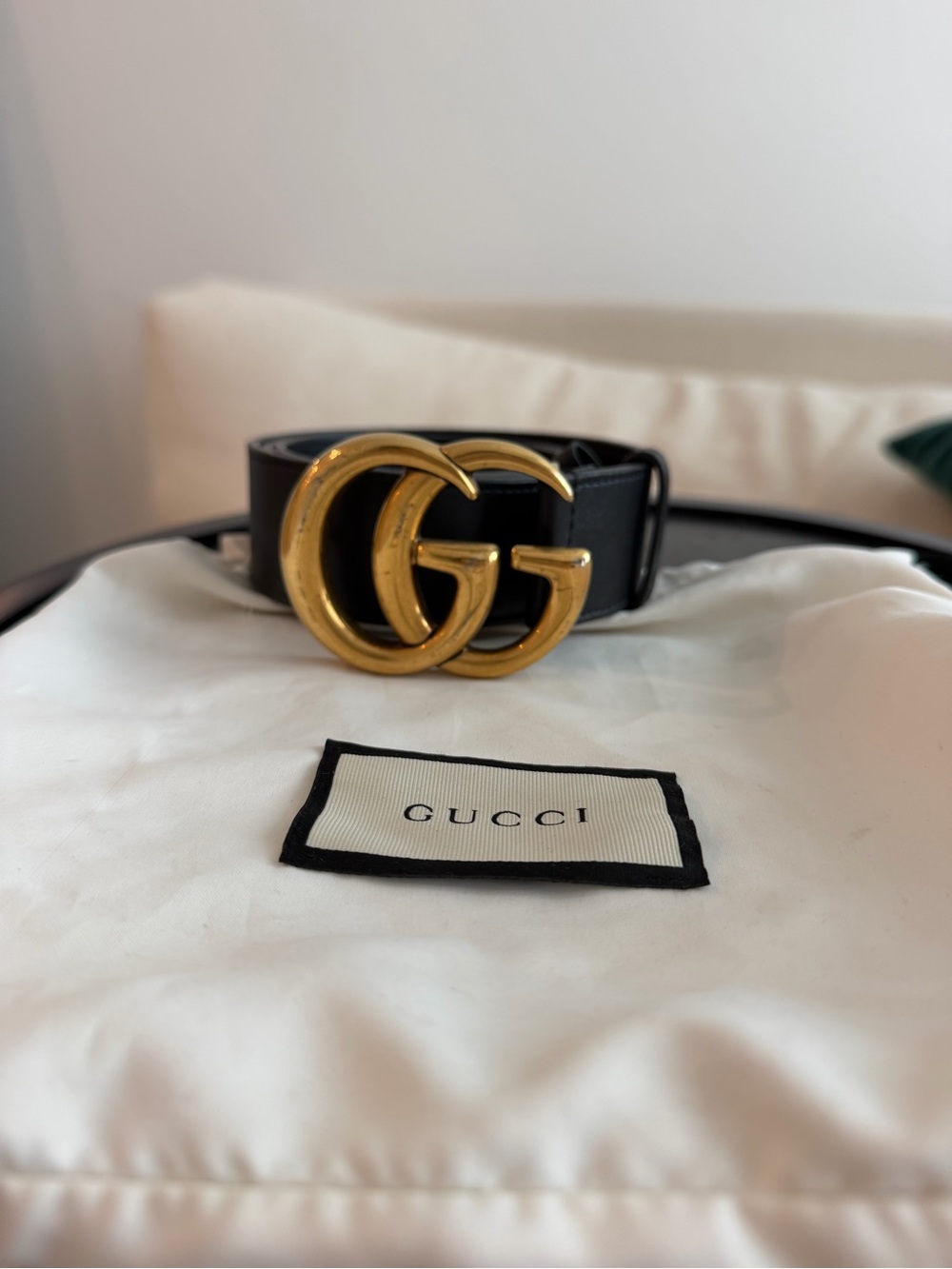 Authentic Gucci Black Leather Belt with Gold Interlocking GG Buckle